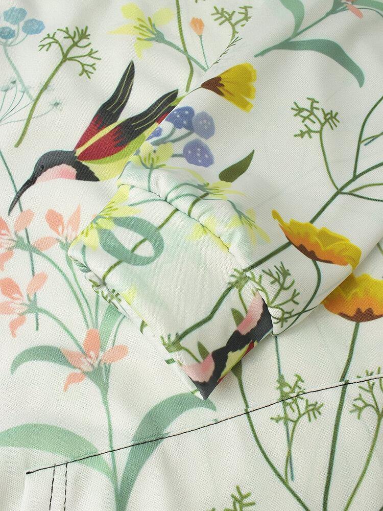 Mens Bird & Plant Floral Print Drawstring Hoodies With Pocket - Trendha