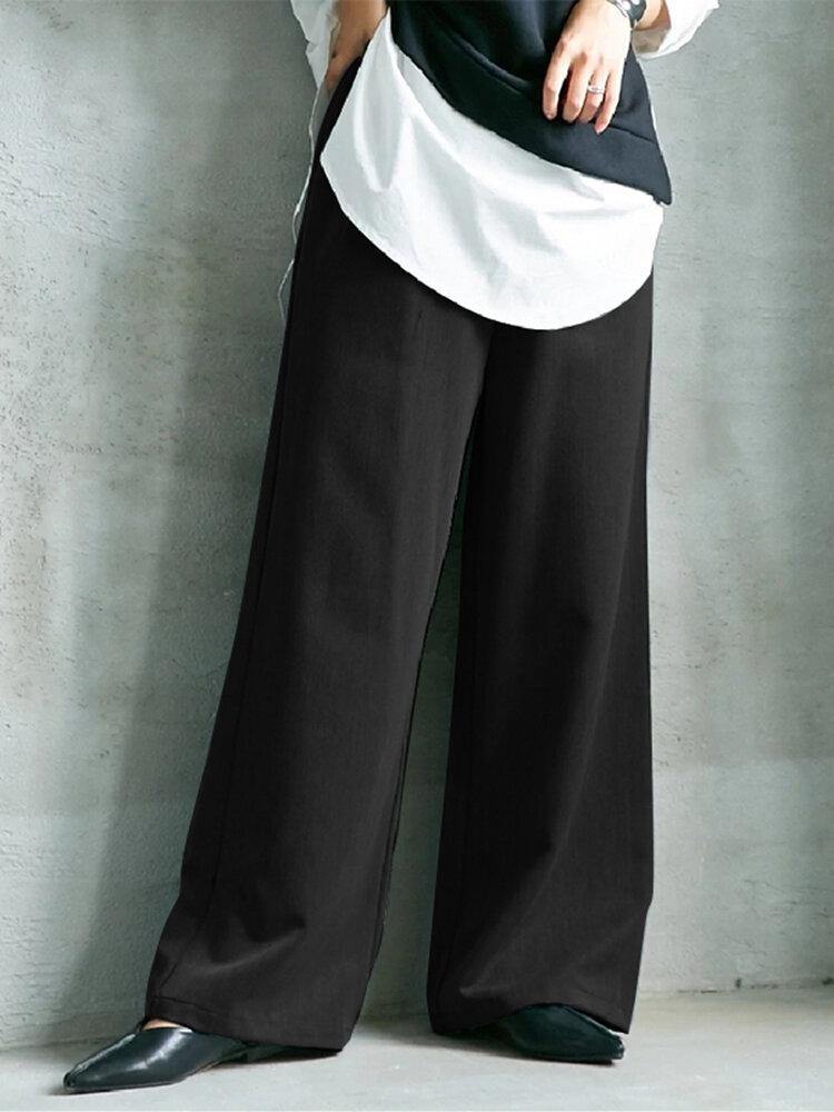 Women Solid Pleated Elastic Waist Casual Pants Straight Trousers With Pocket - Trendha
