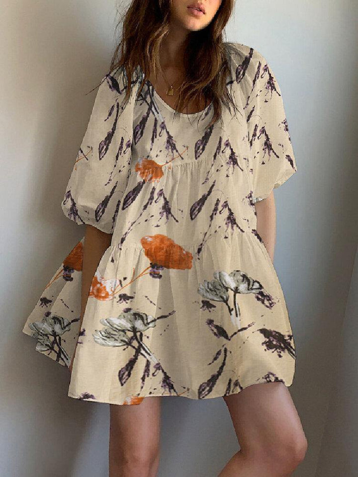 Floral Print Round Neck Puff Sleeve Pleated Tiered Holiday Casual Mini Dress - Trendha