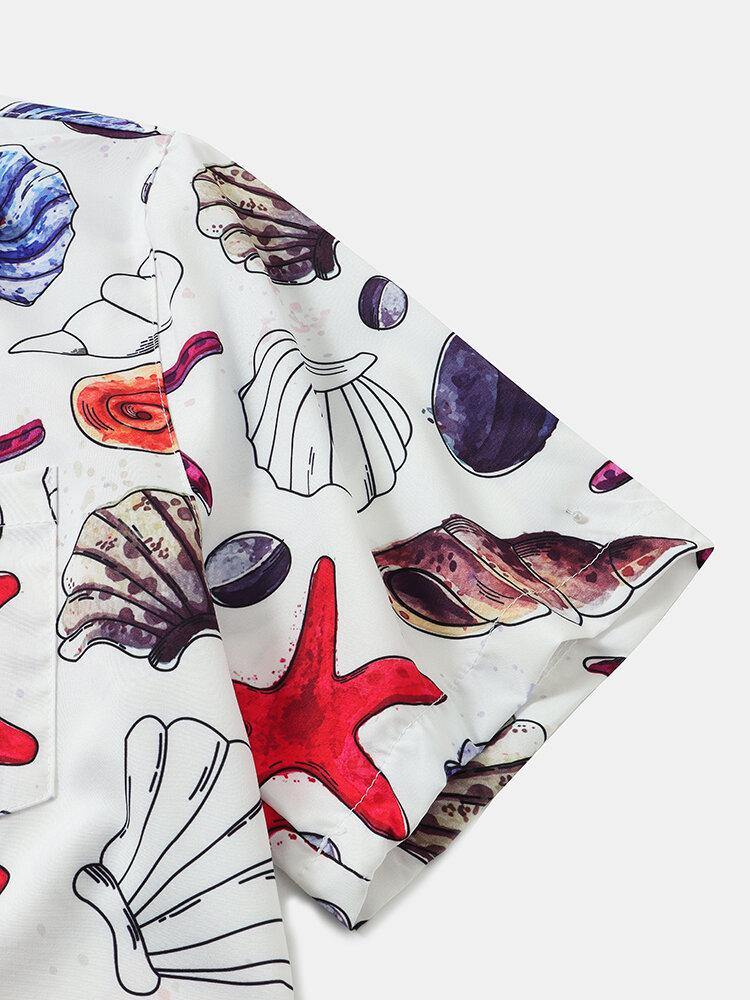 Mens Holiday Starfish Ocean Element Print Revere Collar Shirts - Trendha