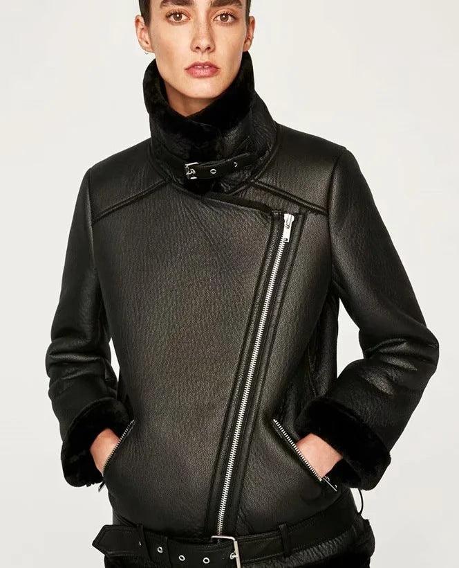Jacket Tops Women's Trendy Belt PU Leather Jacket - Trendha