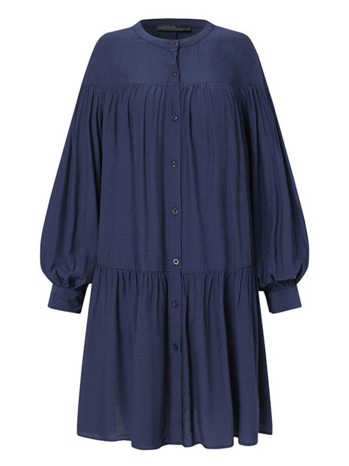 Puff Sleeve Stand Collar Long Sleeve Pleated Casual Shirt Dress - Trendha