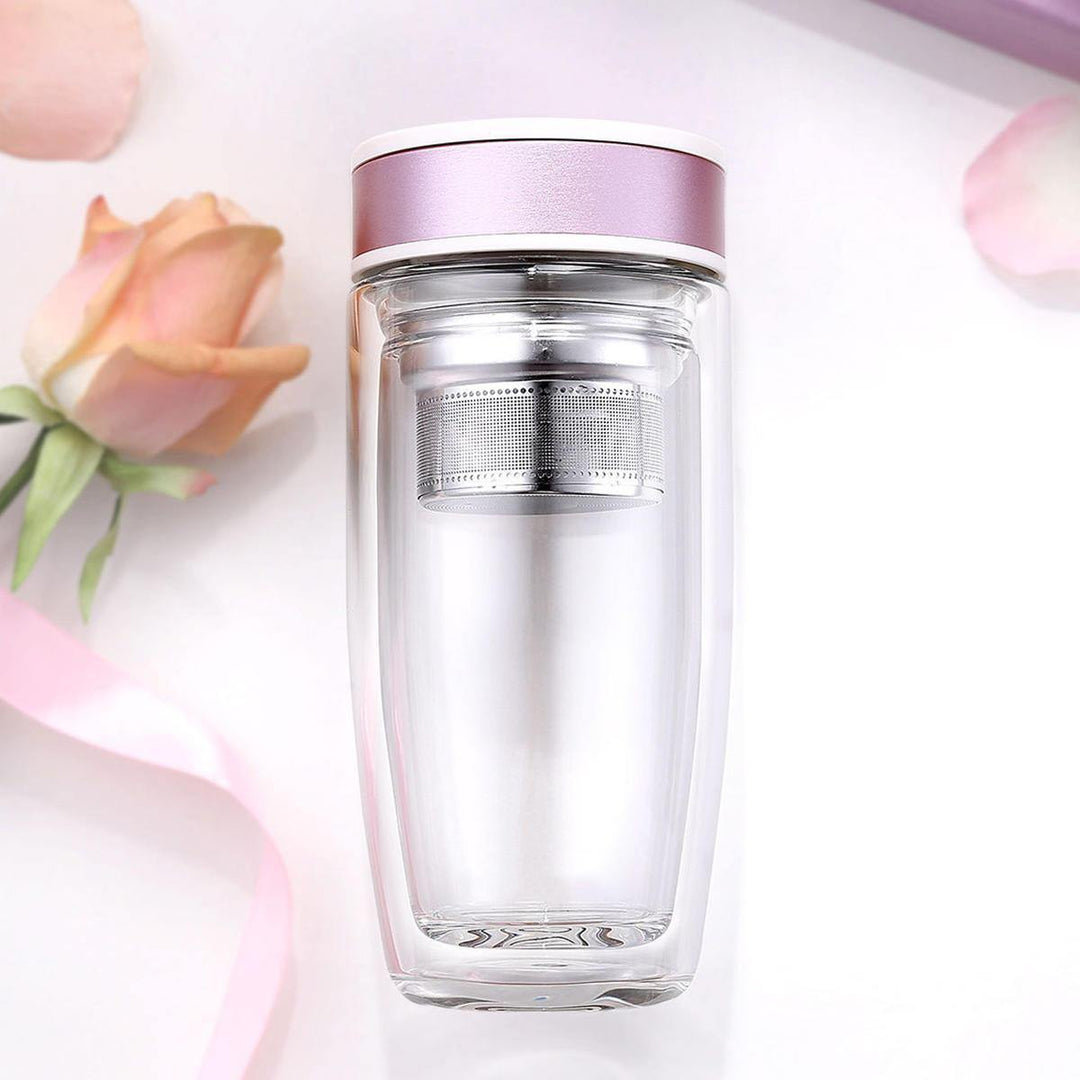 380ML Double Wall Glass Tea Tumbler Water Bottle with Filter Infuser Travel Mug - Trendha
