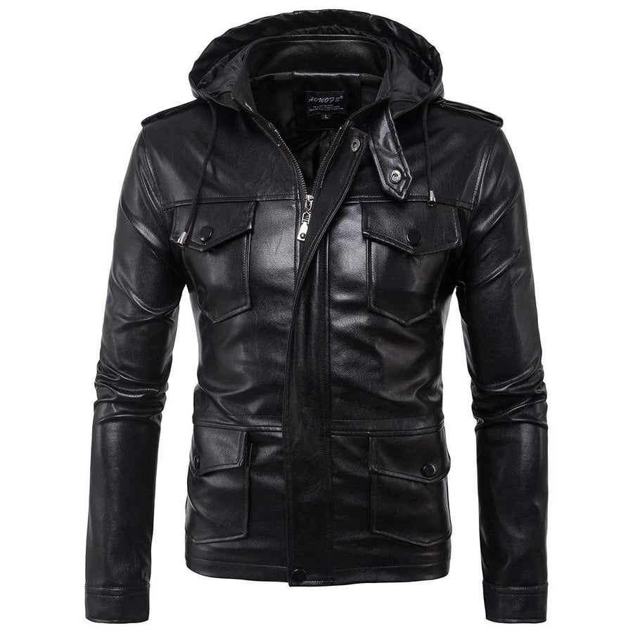 Mens Detachable Hood Faux Leather Jacket PU Biker Jacket - Trendha