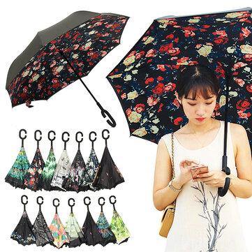 C-Handle Reverse Umbrella 1-2 People Double Layer UV Protection Waterproof Sunshade Folding Long Upside Down Umbrella Travel - Trendha