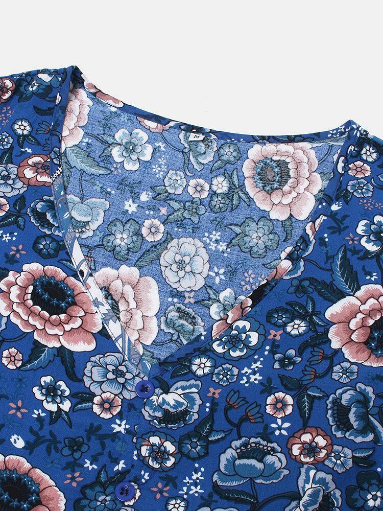 Flower Button Drawstring V-neck Short Sleeve Print Dress For Women - Trendha