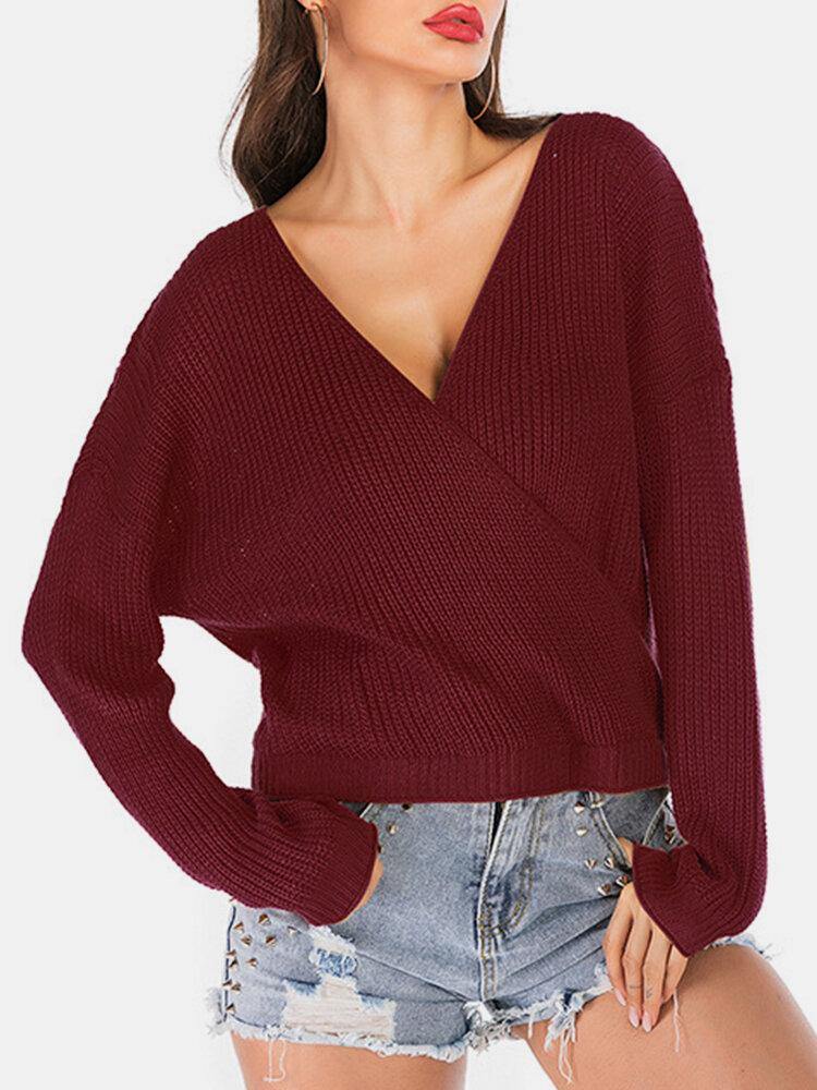 Solid Color Knitted Pullover V-Neck Drop Shoulder Casual Stylish Sweater - Trendha