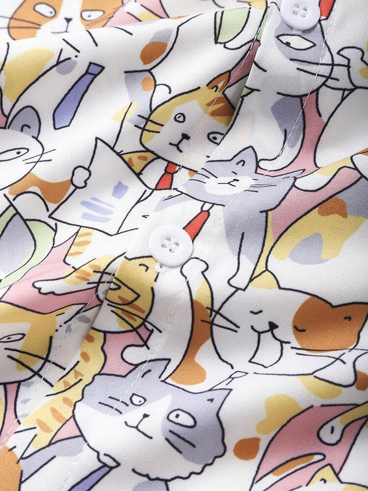 Mens All Over Cat Cartoon Animal Print Pocket Cute Shirts - Trendha