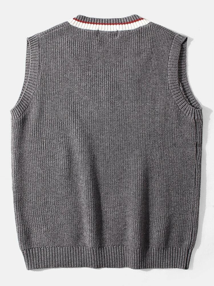 Mens College Style Contrast V-Neck Knitted Pullover Gilet Casual Vest - Trendha