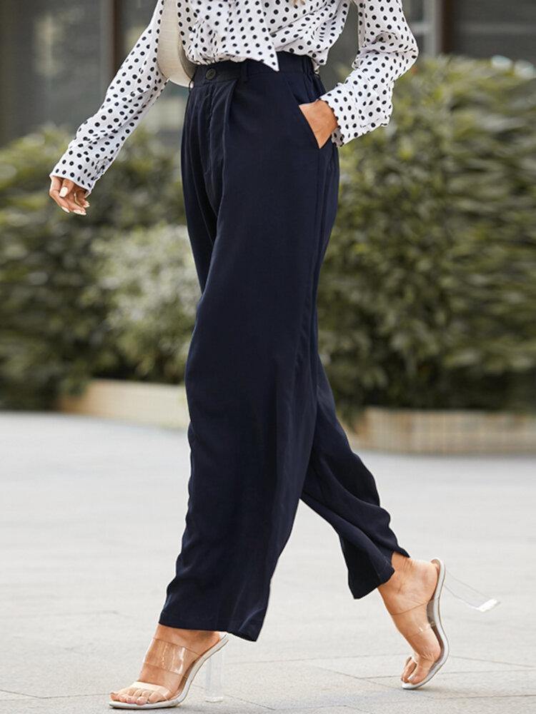 Women High Waist Solid Color Casual Loose Wide Leg Pants Suit Pants With Pocket - Trendha