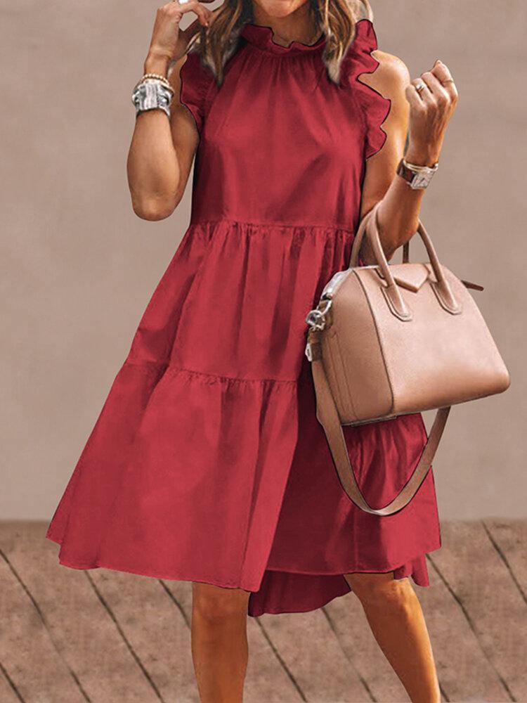Women Solid Color Ruffles Trim Sleeveless Simple Midi Dresses - Trendha