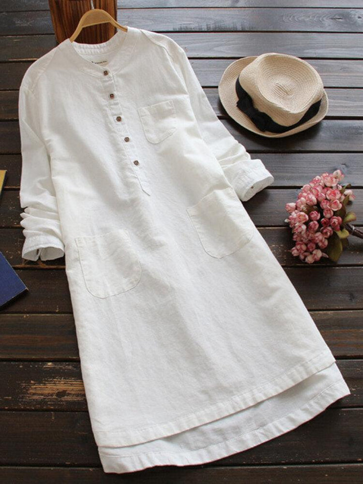 Women Vintage Long Sleeve Buttons Cotton Mini Shirt Dresses - Trendha