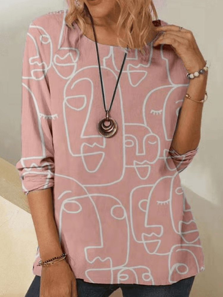 Women Abstract Portrait Print Round Neck Casual Long Sleeve Blouses - Trendha