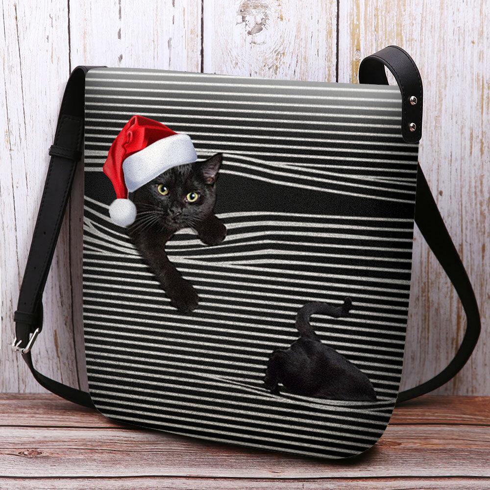 Women Felt Cute Casual Cartoon Cat Stripes Pattern With Christmas Hat Crossbody Bag Shoulder Bag - Trendha