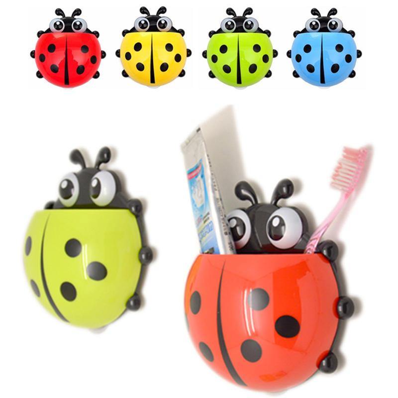 4 Color Toothbrush Cup Holder Storage Rack for Home Bathroom Organizer Ladybug Toothbrush Holder Strong Suction Cup Creative Cartoon PVC Wall Mount - Trendha