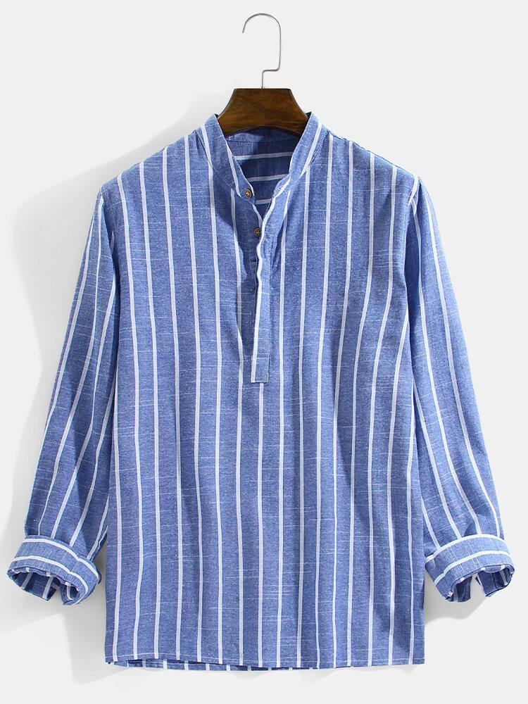Mens Vertical Striped Stand Collar Cotton Casual Long Sleeve Henley Shirts - Trendha