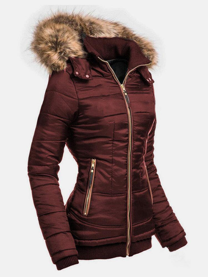 Women Solid Color Zipper Faux Fur Collar Hooded Coat With Pocket - Trendha