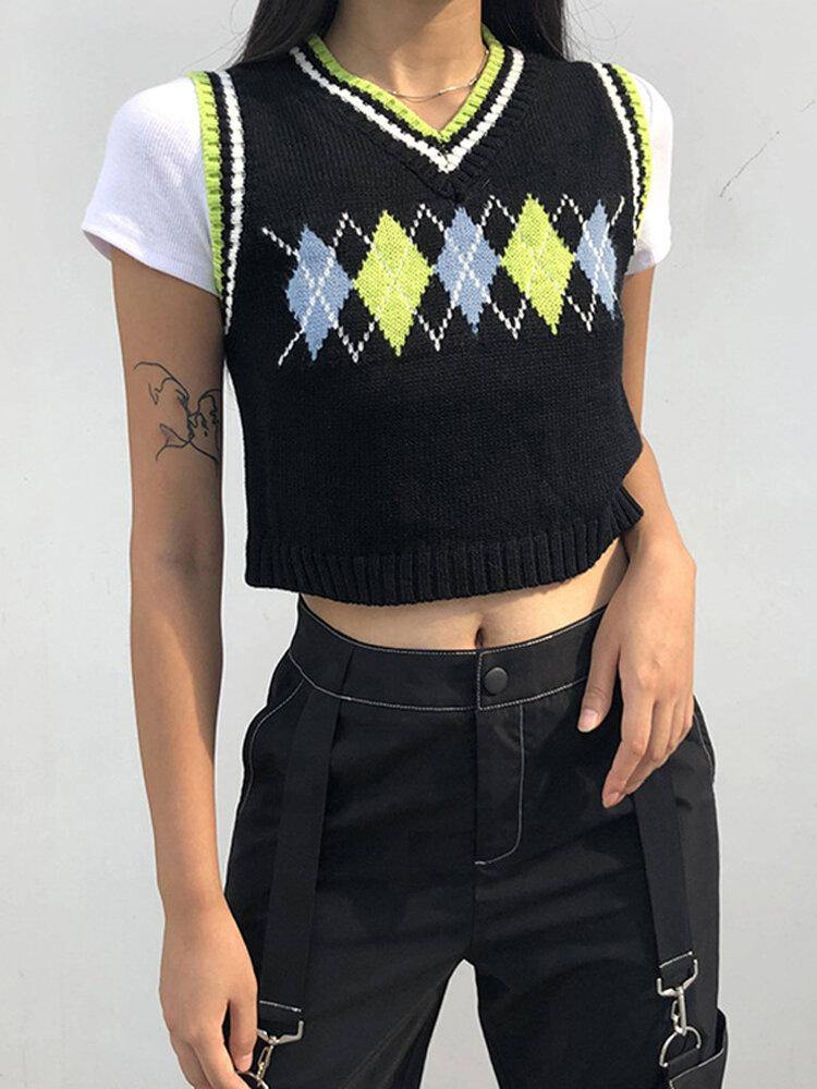 Women Geometry Graphics V-Neck Crop Sleeveless Knitted Sweater Vest - Trendha