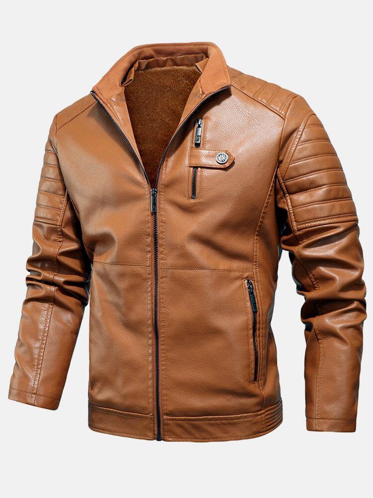 Mens PU Leather Zip Front Thicken Jackets With Zipped Welt Pockets - Trendha