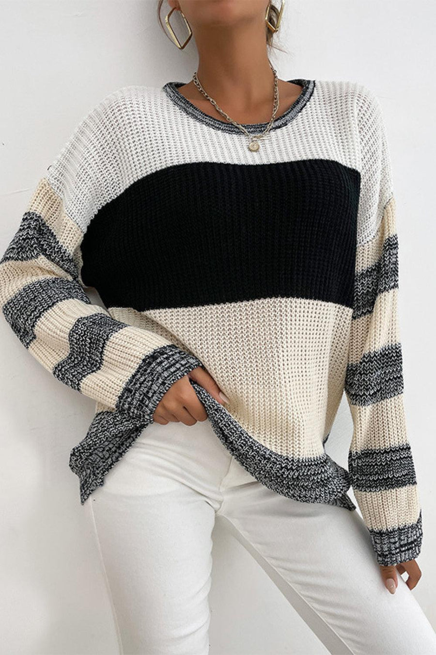 Striped Dropped Shoulder Pullover Sweater - Trendha