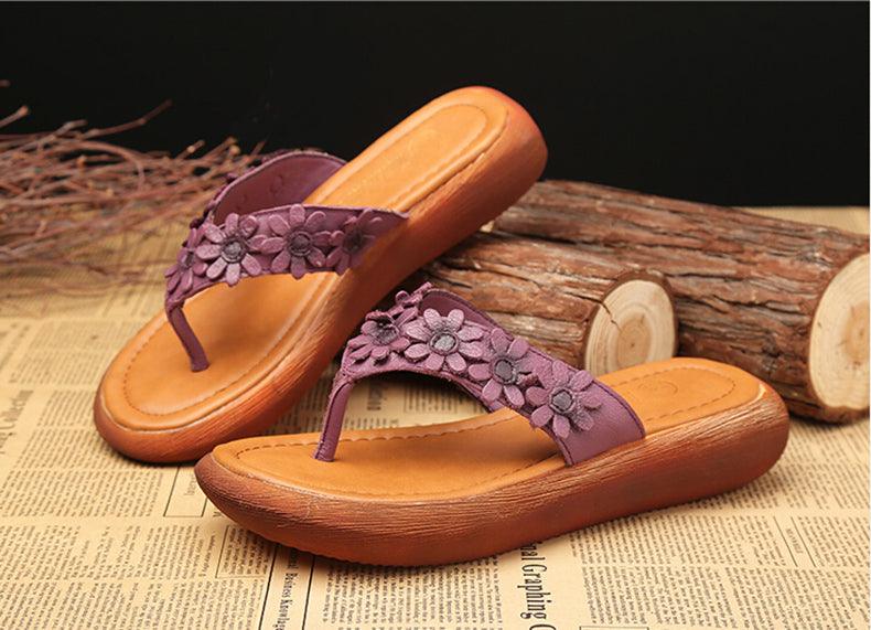 Ethnic style flowers flat leather flip flops female Mori girl sweets sandals and slippers - Trendha