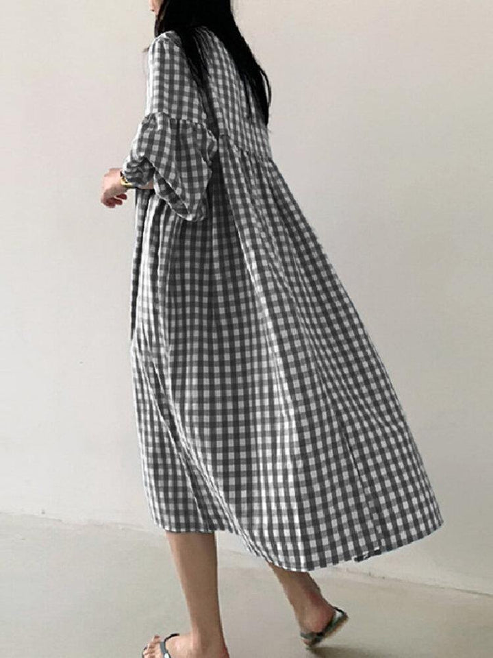 Women's Casual Plaid Midi Dress with Bohemian Puff Sleeves - Trendha