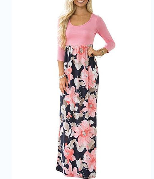 Round neck nine-quarter sleeve milk silk print dress - Trendha