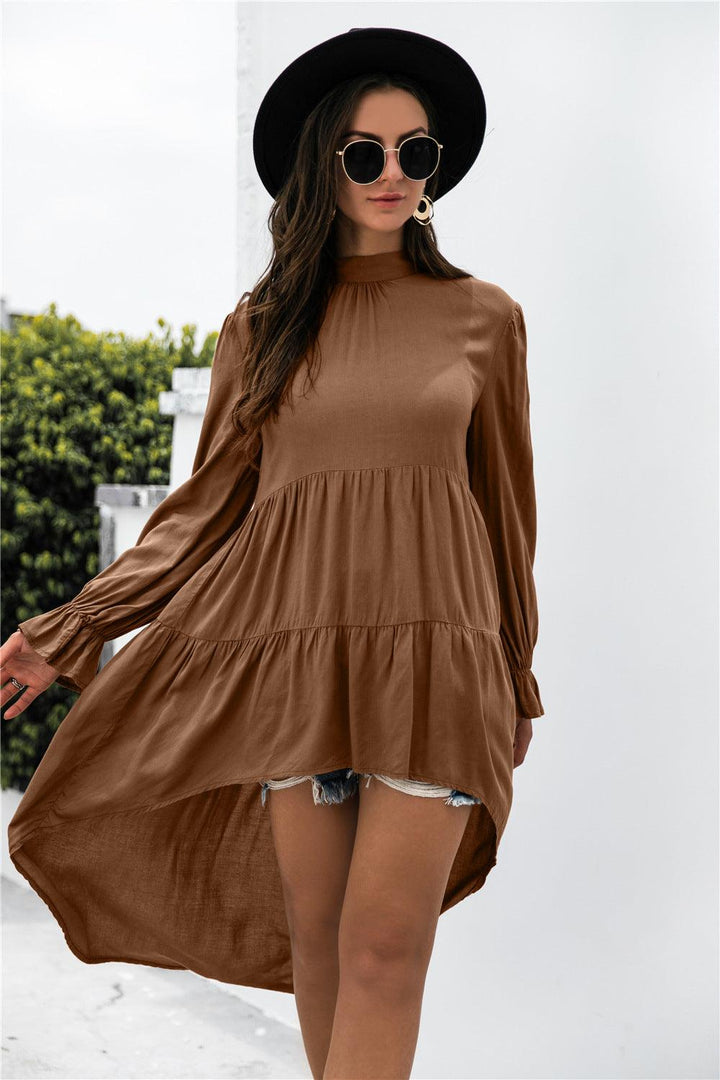 Solid Asymmetrical Patch Pleated Dress - Trendha