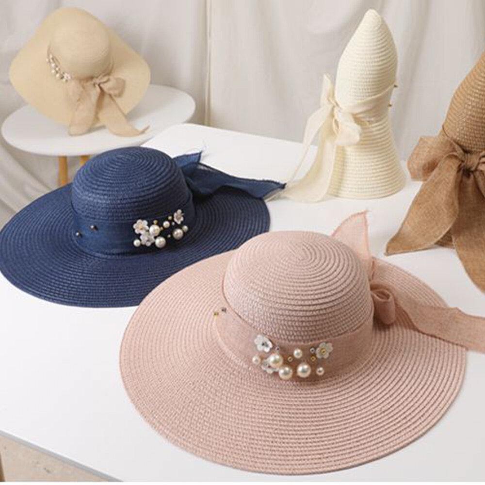 Women Straw Solid Color Elegant Big Brim Pearl Bowknot Wavy Edge Visor Sun Hat Beach Hat Bucket Hat - Trendha