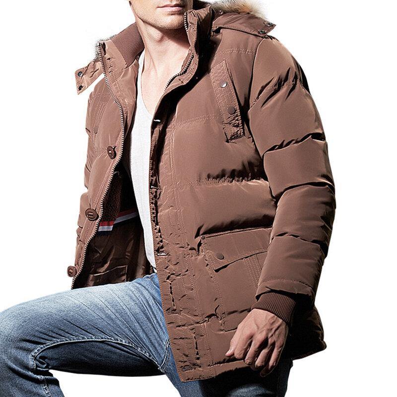Mens Winter Windproof Multi Pockets Zipper Buttons Solid Color Furry Hood Warm Padded Jacket Parka - Trendha