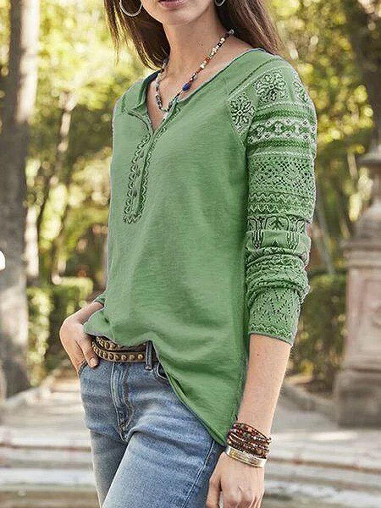 Women Random Print Long Sleeve Button Knit Ethnic Bohemia T-Shirts - Trendha