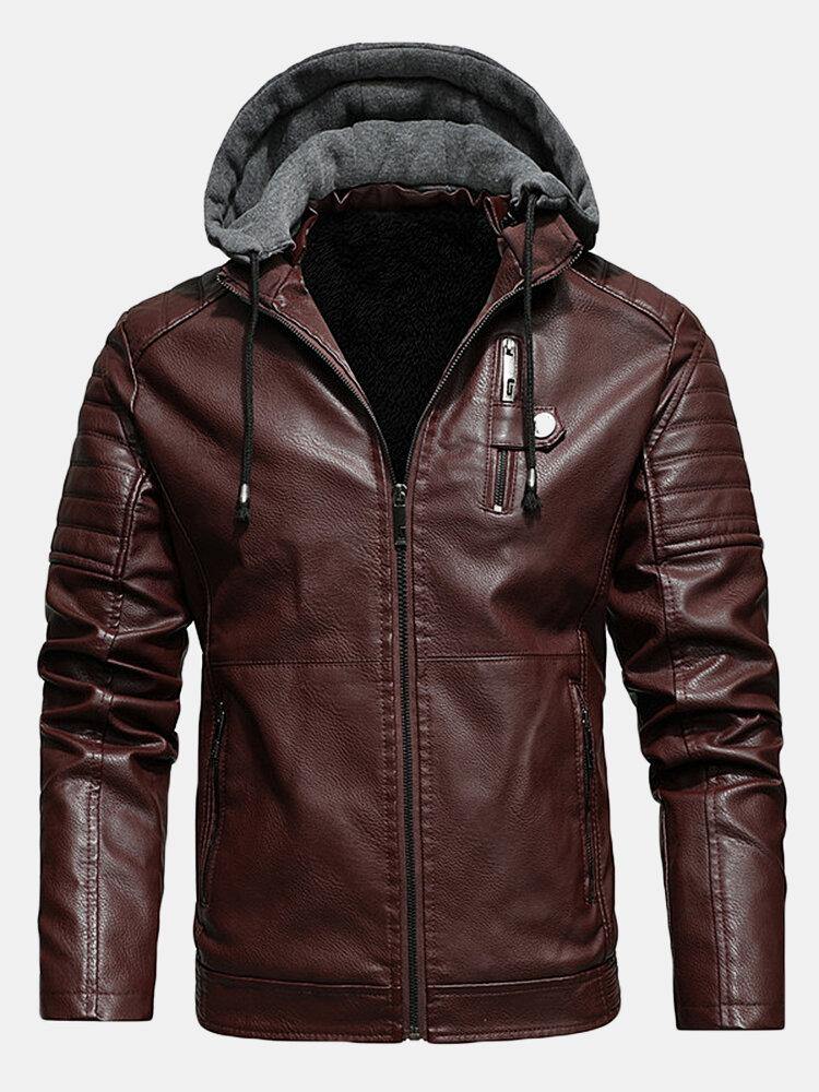 Mens PU Leather Plus Velvet Zip Front Thicken Hooded Jackets With Zipped Welt Pockets - Trendha