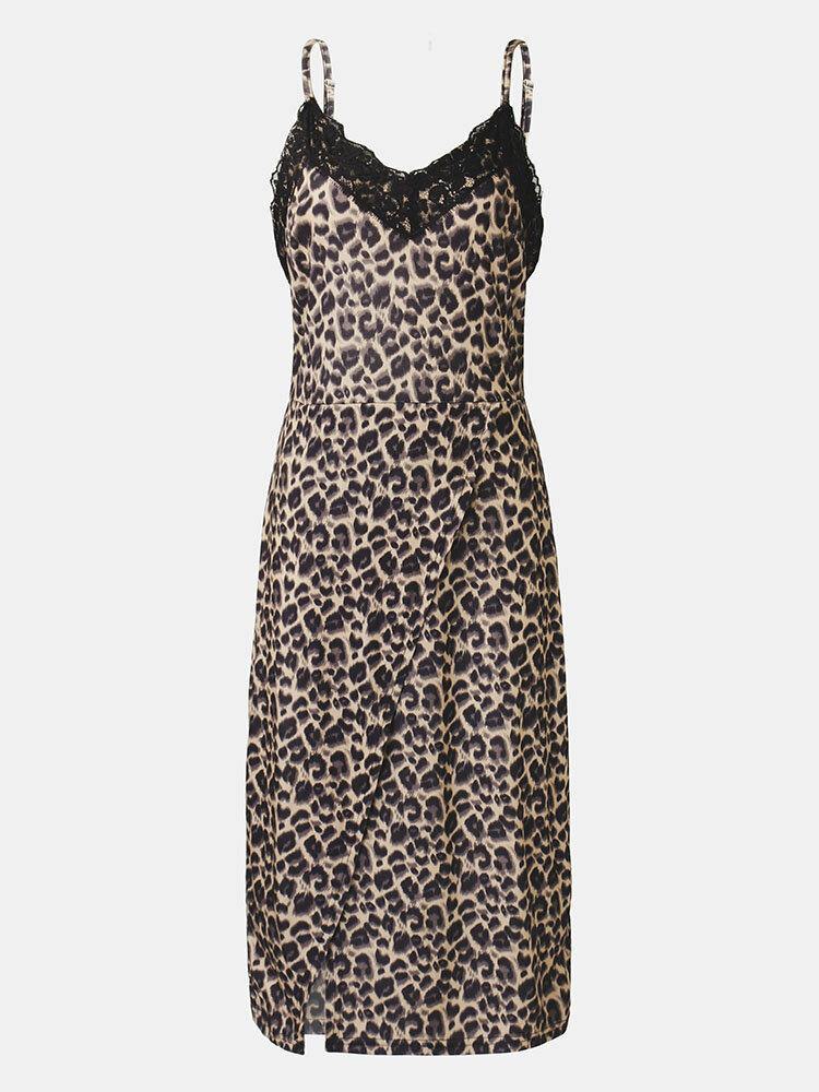 Leopard Print Lace Patchwork Slit Hem Strap Midi Dress For Women - Trendha