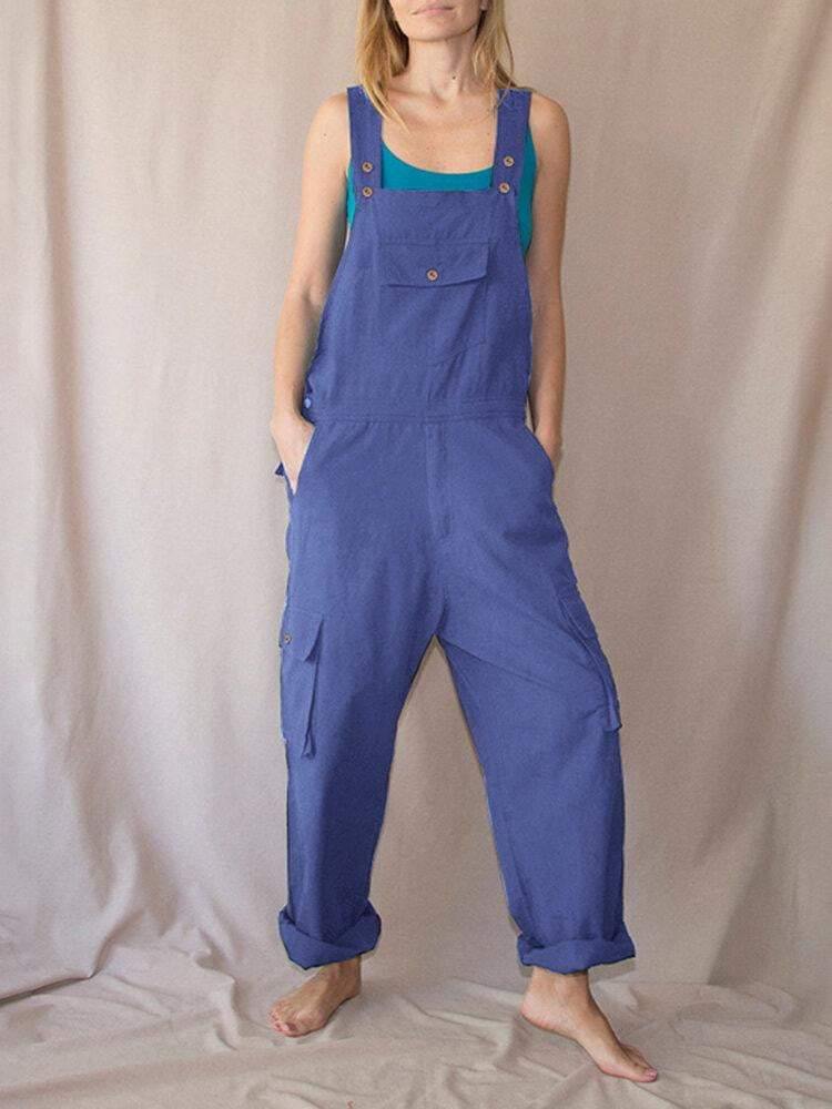 Women Solid Color Straps Button Detail Front Pocket Casual Loose Cargo Jumpsuit - Trendha