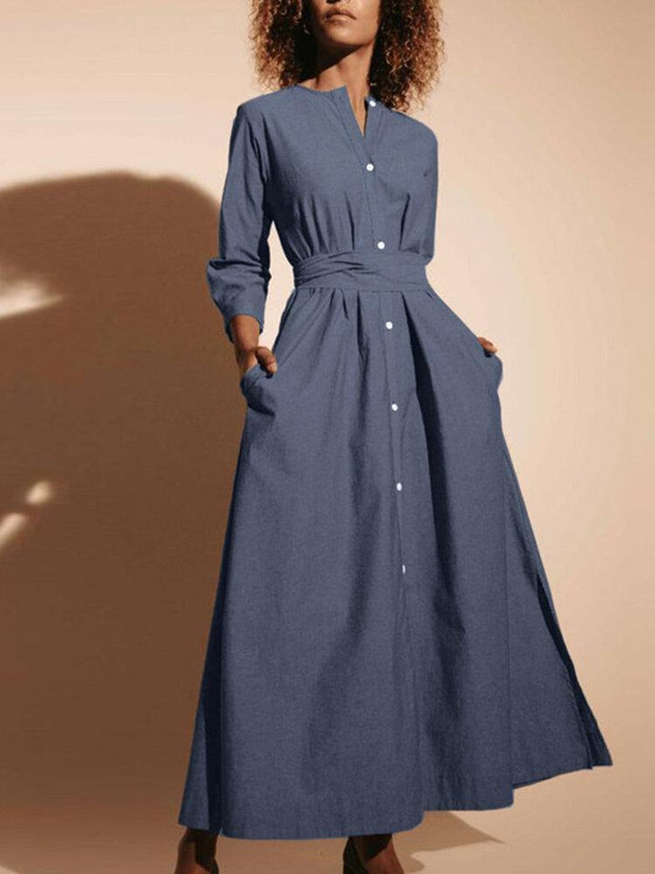 Women Solid Color O-neck Belted Long Sleeve Side Split Hem Shirt Dress With Pocket - Trendha