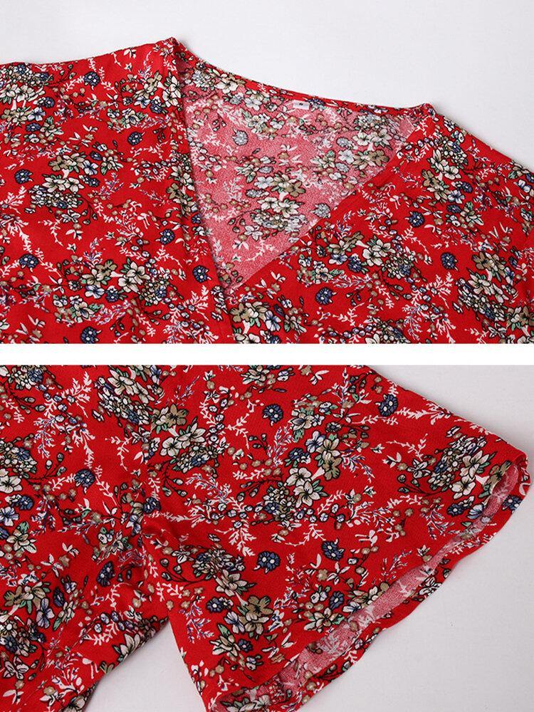 Cross Wrap Floral Print Bandage Short Sleeve Dress - Trendha