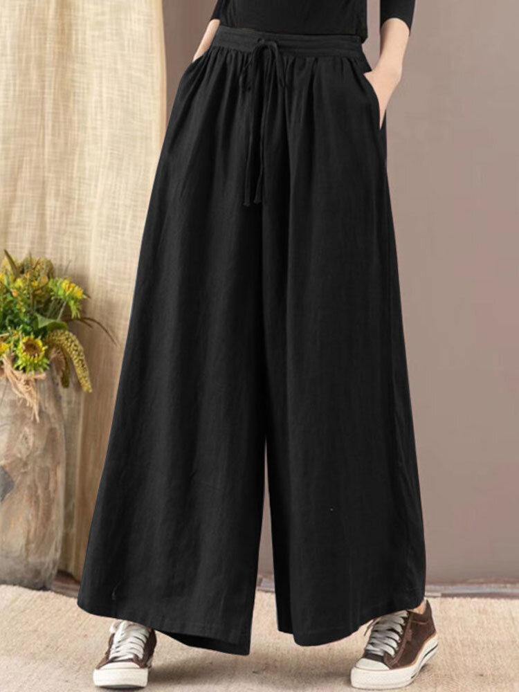 Women Casual Drawstring Waist Solid Color High Waist Wide Leg Pants With Pocket - Trendha