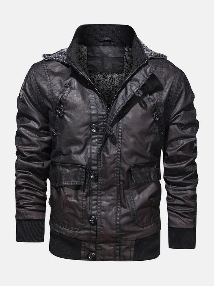 Mens Hooded Pocket PU Leather Motorcycle Jacket - Trendha