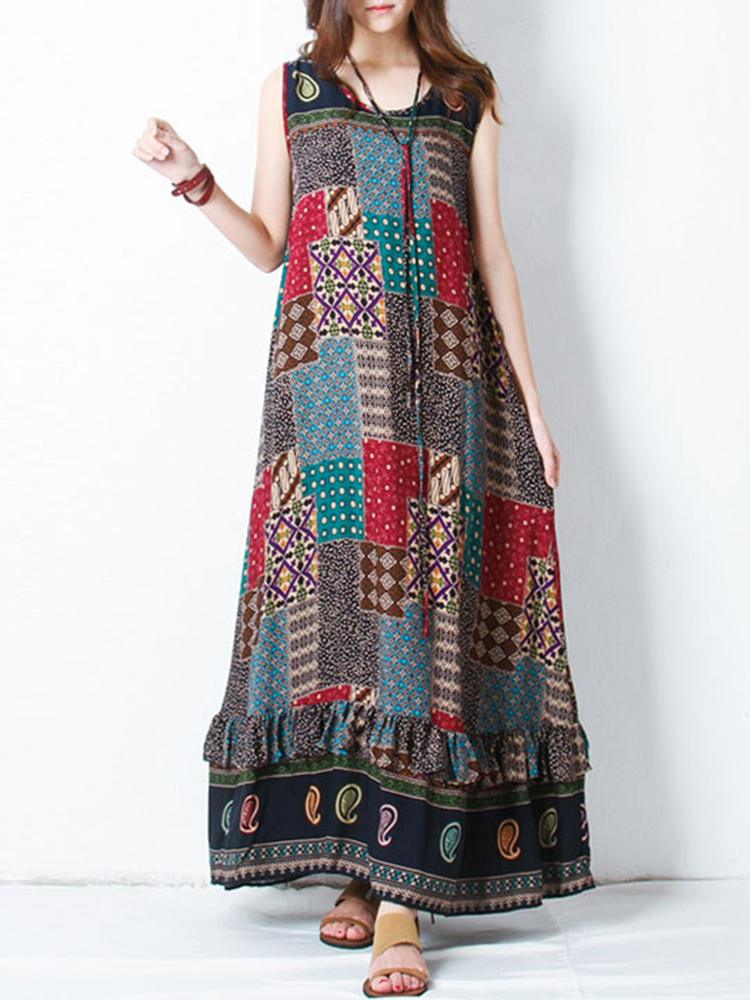 Bohemian Women Sleeveless O-Neck Printed Maxi Tank Dress - Trendha