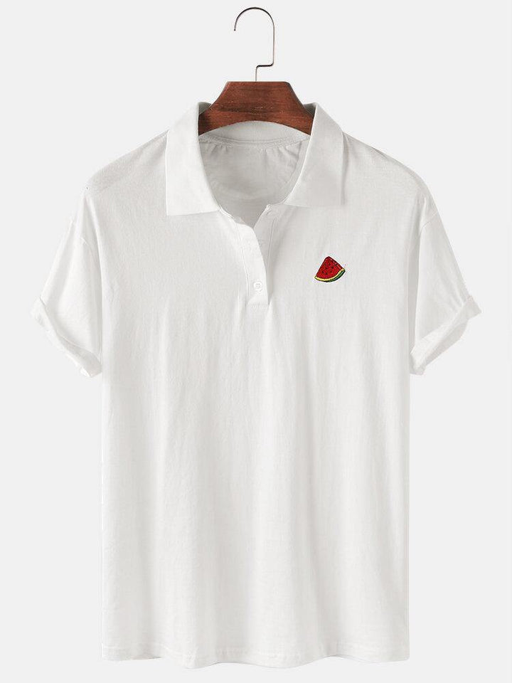 Mens Cotton Fruit Embroidered Loose Light Lapel Collar Golf Shirts - Trendha