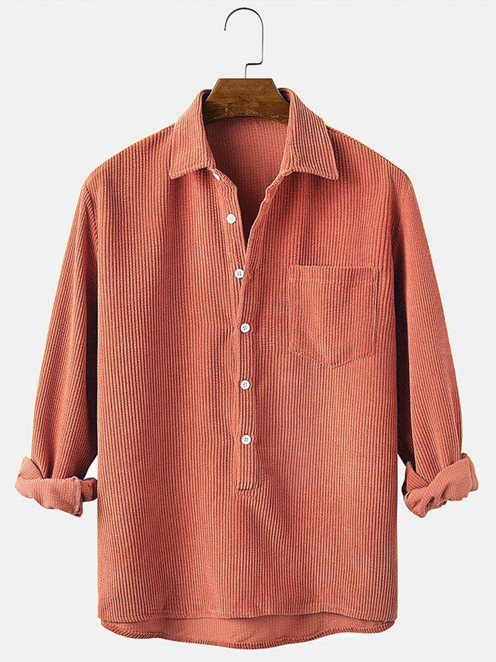 Corduroy Solid Henley Collar Chest Pocket Long Sleeve Shirts - Trendha
