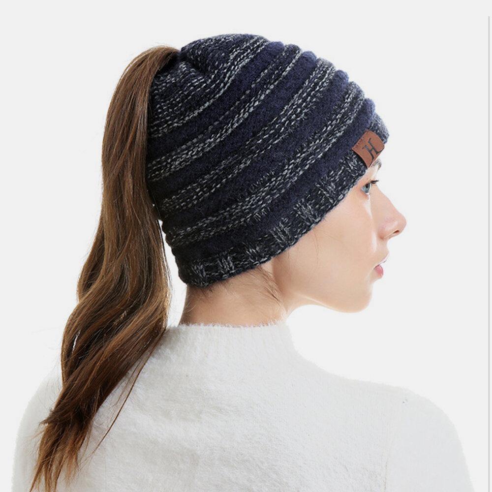 Unisex Wool Stripe Pattern Keep Warm Empty Top Ear Protection Knitted Hat - Trendha