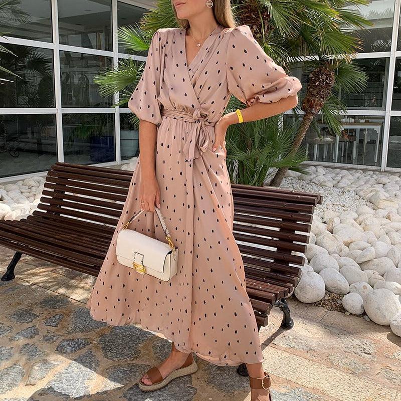V-neck high waist lace up split holiday long dress