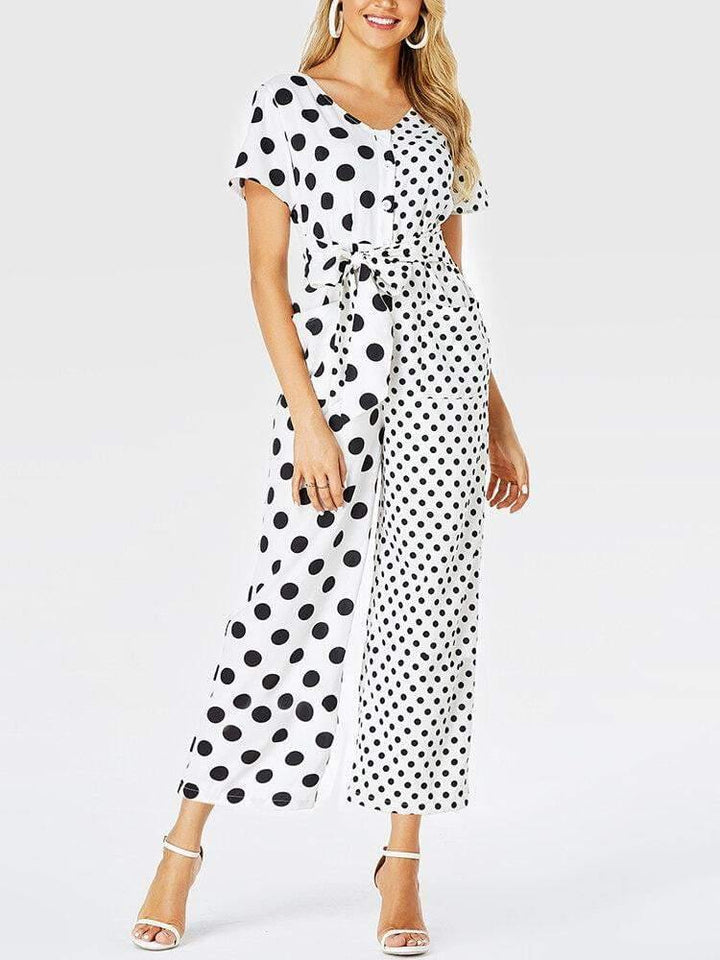 Women Polka Dots Print Patchwork Knotted Short Sleeve Casual Jumpsuit With Pocket - Trendha