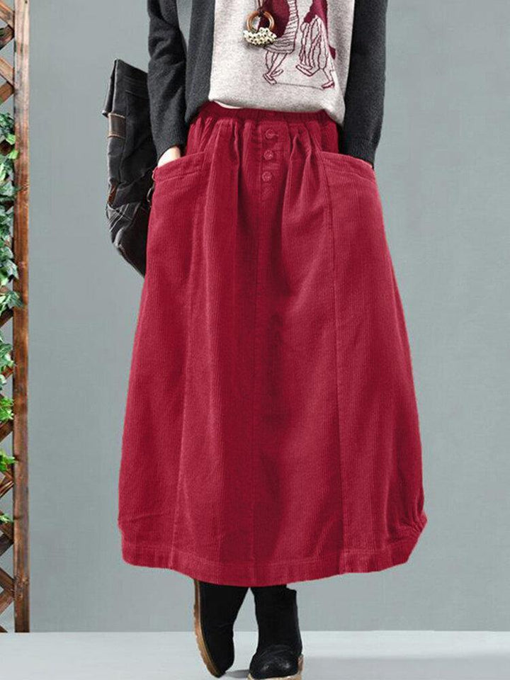 Women Corduroy Button Trim Elastic Waist Solid Retro Skirt With Pocket - Trendha