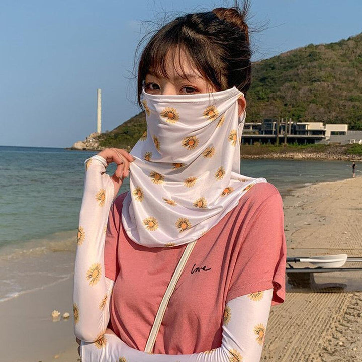 Women Sunscreen Outdoor UV Protection Ice Silk Sleeve Arm Guard Cover Face Ear Hanging Breathable Veil Mask - Trendha