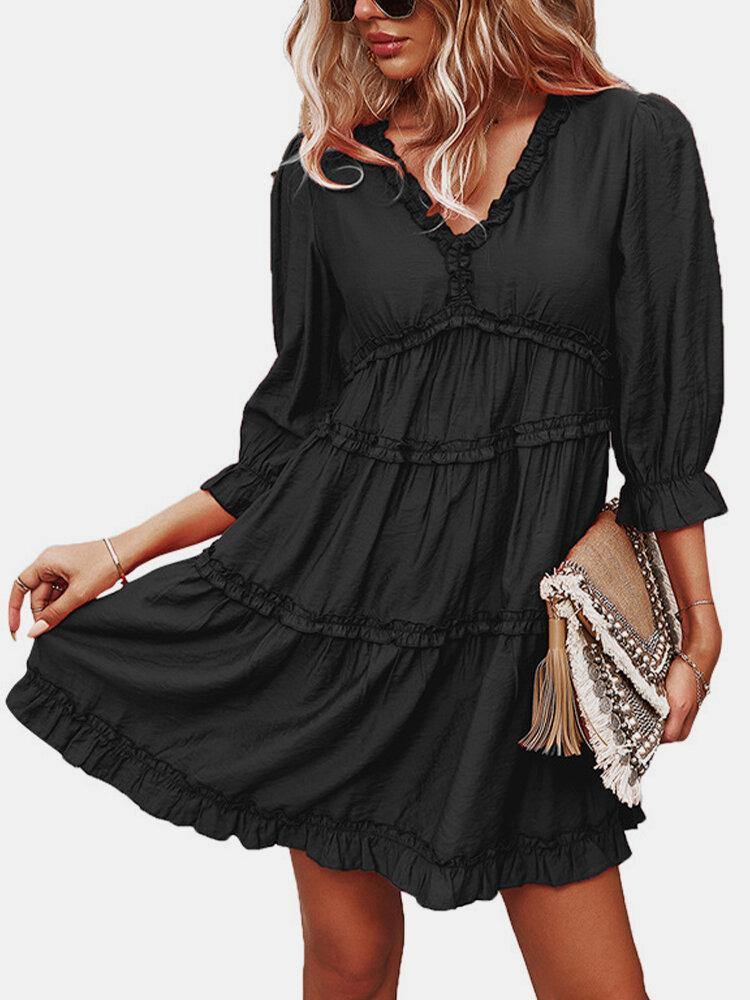 Solid Color V-neck 3/4 Sleeve Patchwork Casual Dress For Women - Trendha