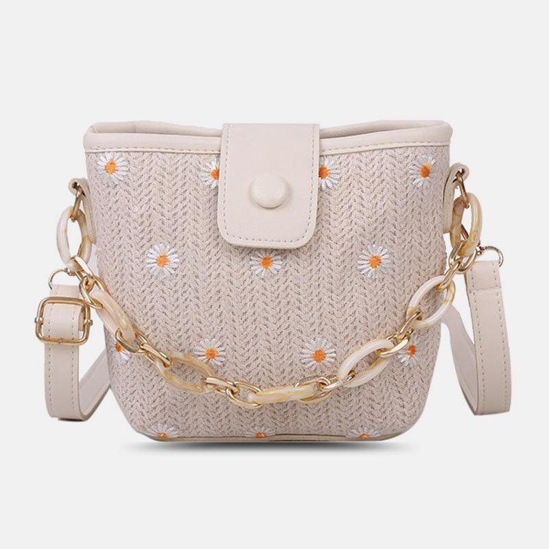 Women Straw Lace Daisy Sunflower Pattern Print Chains Hasp Crossbody Bag Shoulder Bag Handbag - Trendha