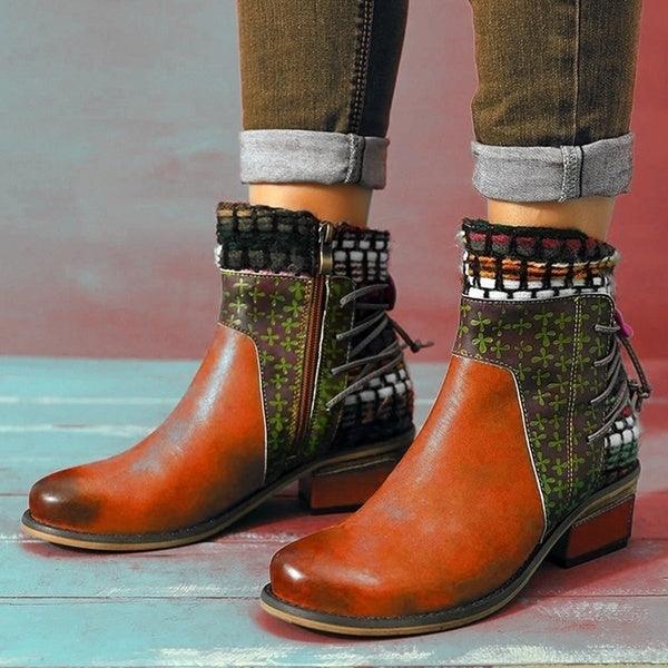 Retro fabric stitching adjustable leather pattern warm boots - Trendha
