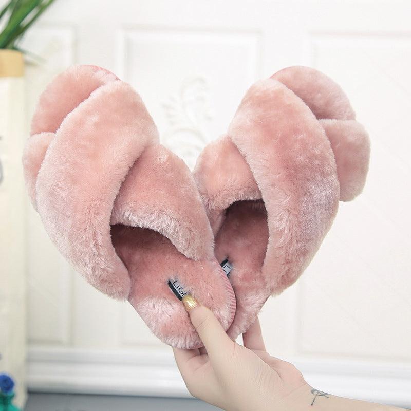 Cross open-toe fur slippers - Trendha